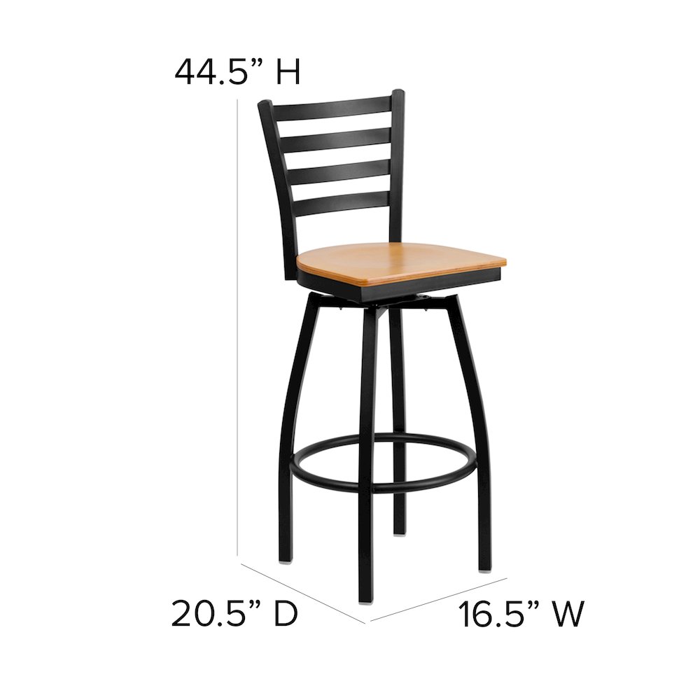 Black Ladder Back Swivel Metal Barstool - Natural Wood Seat. Picture 5