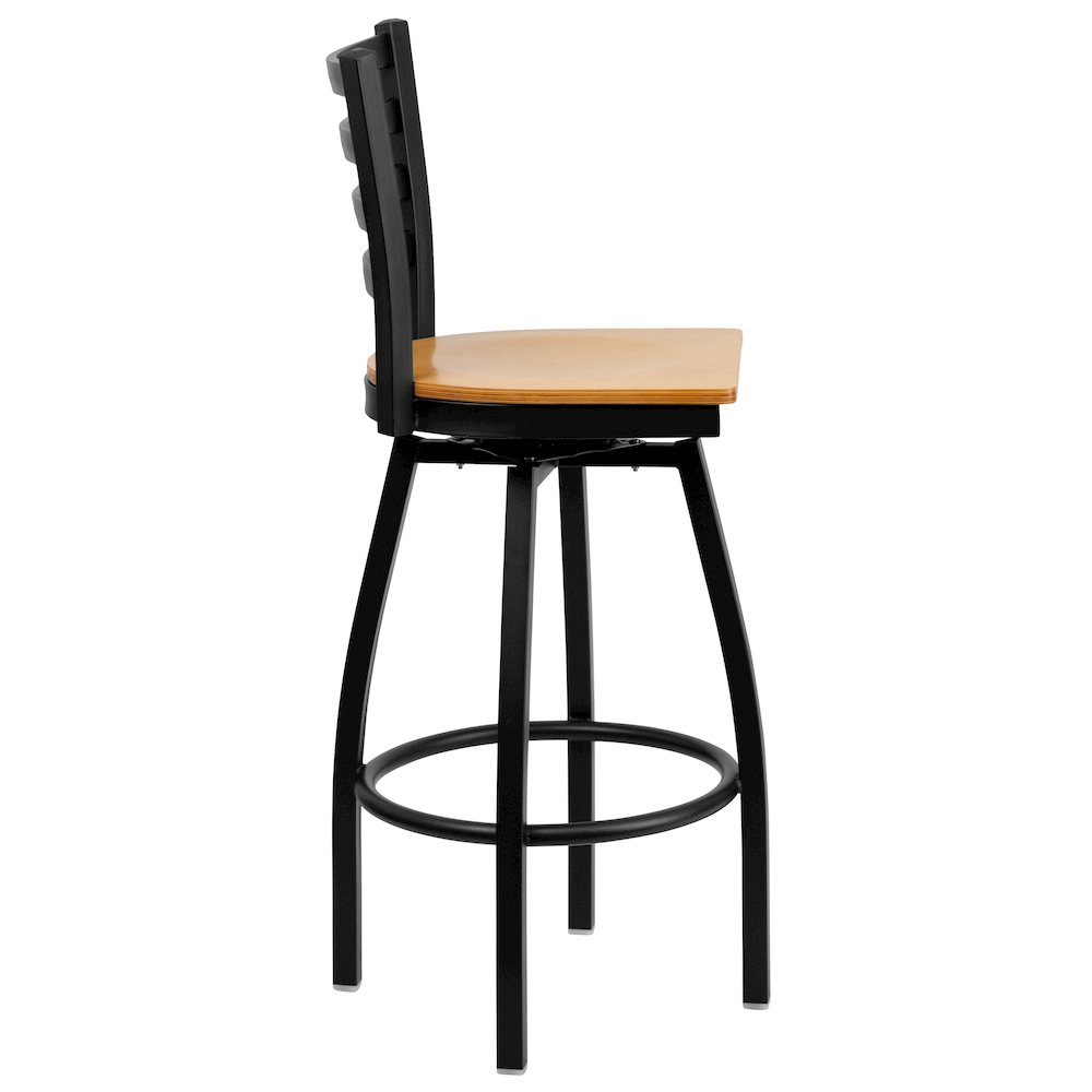 Black Ladder Back Swivel Metal Barstool - Natural Wood Seat. Picture 2