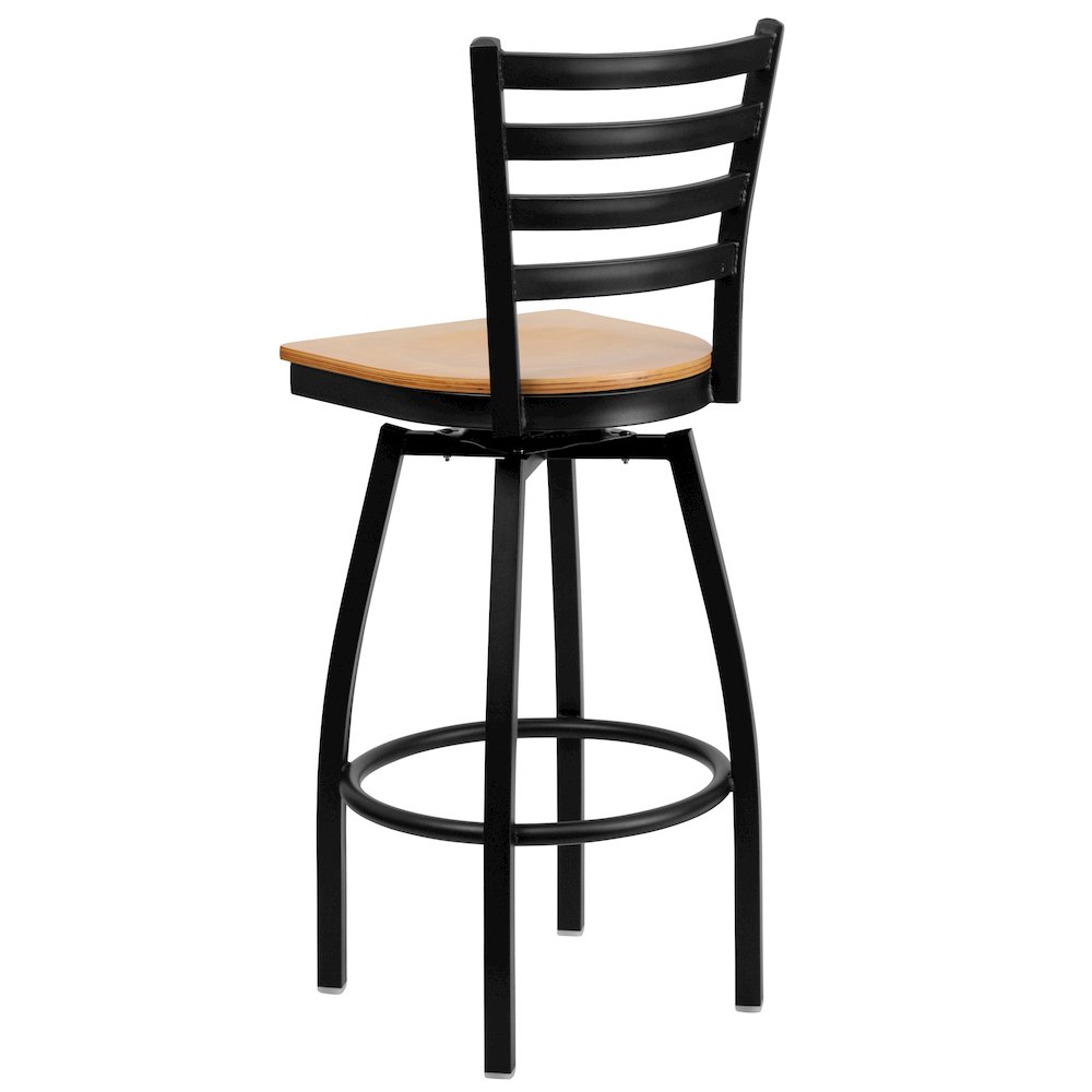 Black Ladder Back Swivel Metal Barstool - Natural Wood Seat. Picture 3