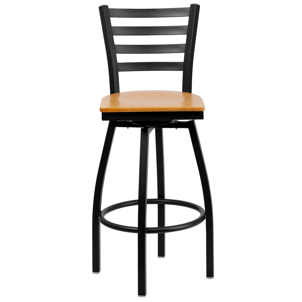 Black Ladder Back Swivel Metal Barstool - Natural Wood Seat. Picture 4