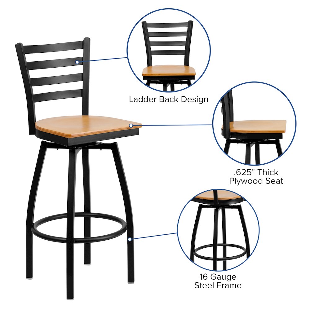 Black Ladder Back Swivel Metal Barstool - Natural Wood Seat. Picture 4