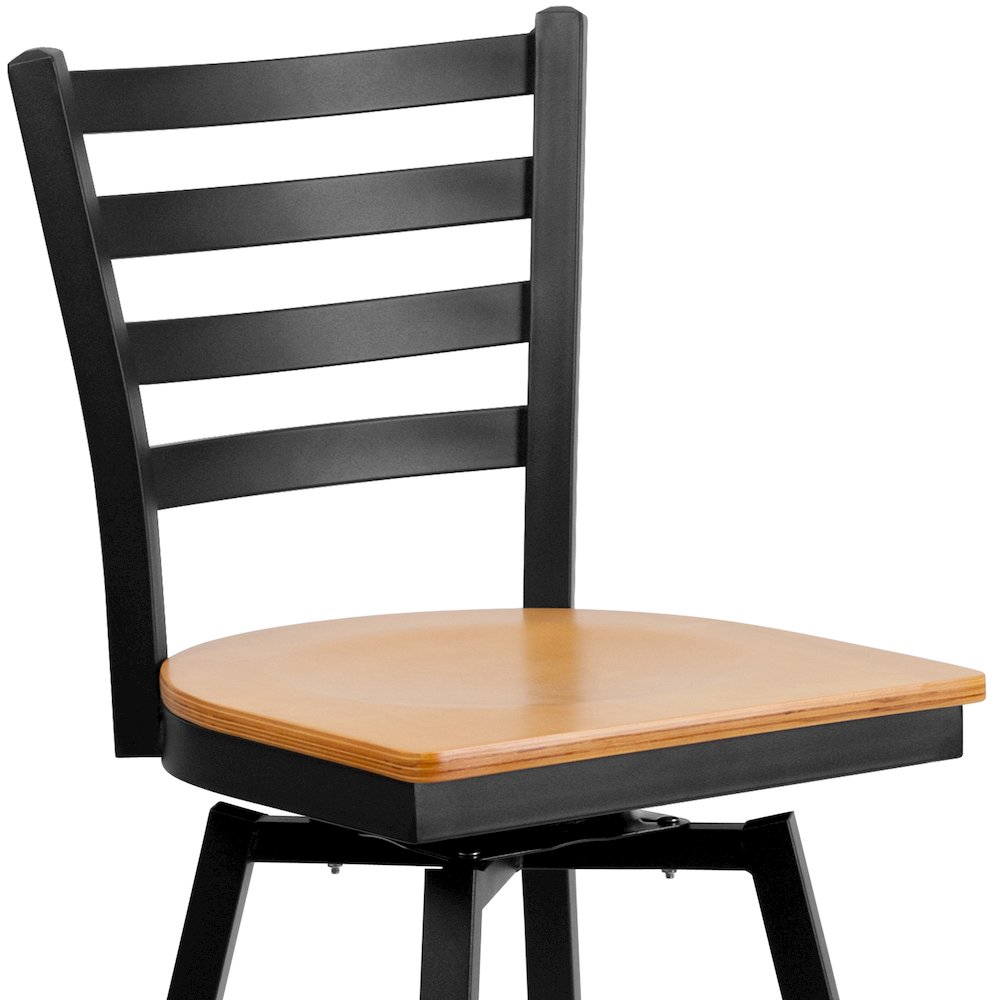 Black Ladder Back Swivel Metal Barstool - Natural Wood Seat. Picture 10