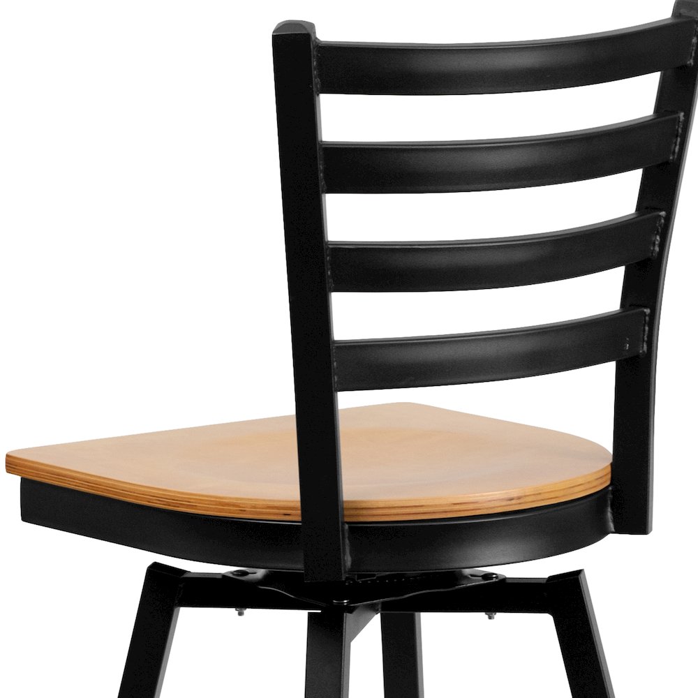 Black Ladder Back Swivel Metal Barstool - Natural Wood Seat. Picture 7