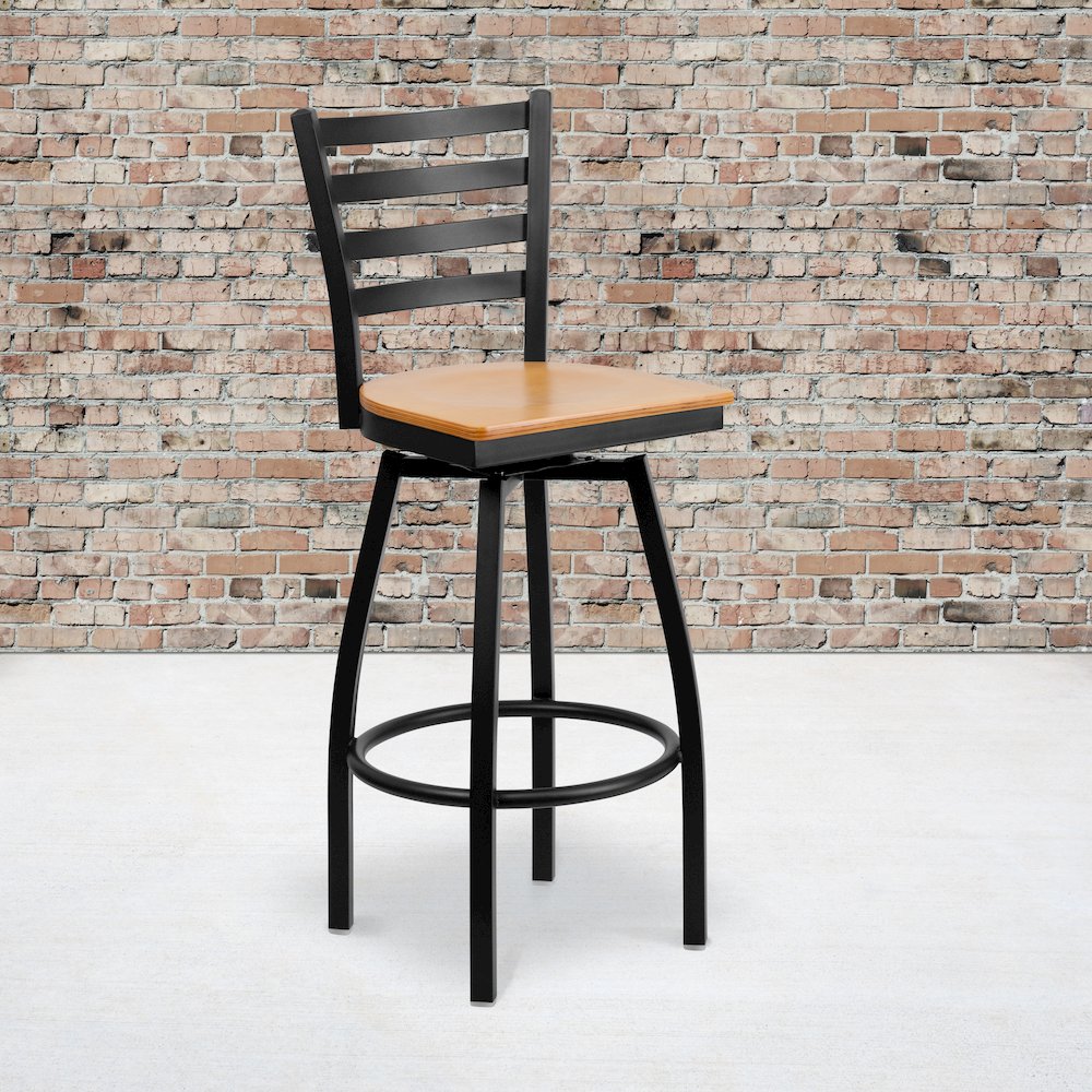 Black Ladder Back Swivel Metal Barstool - Natural Wood Seat. Picture 5