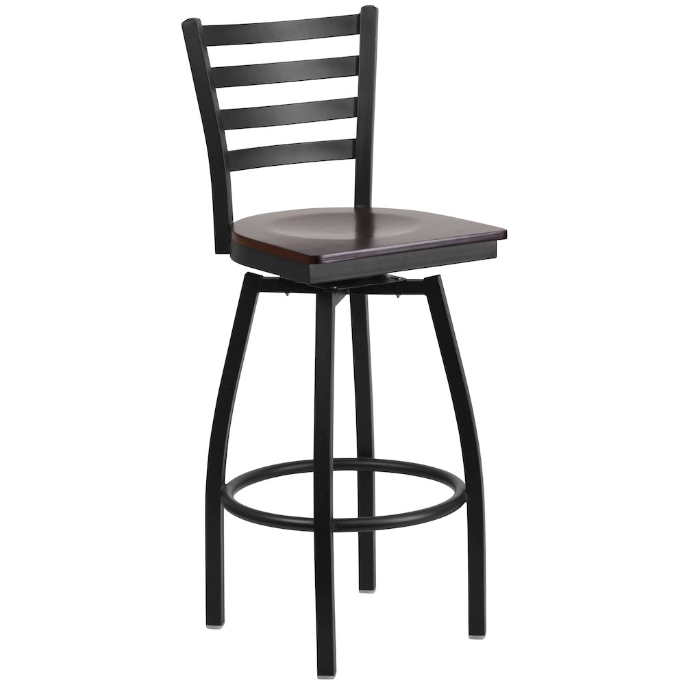 Black Ladder Back Swivel Metal Barstool - Walnut Wood Seat. Picture 1