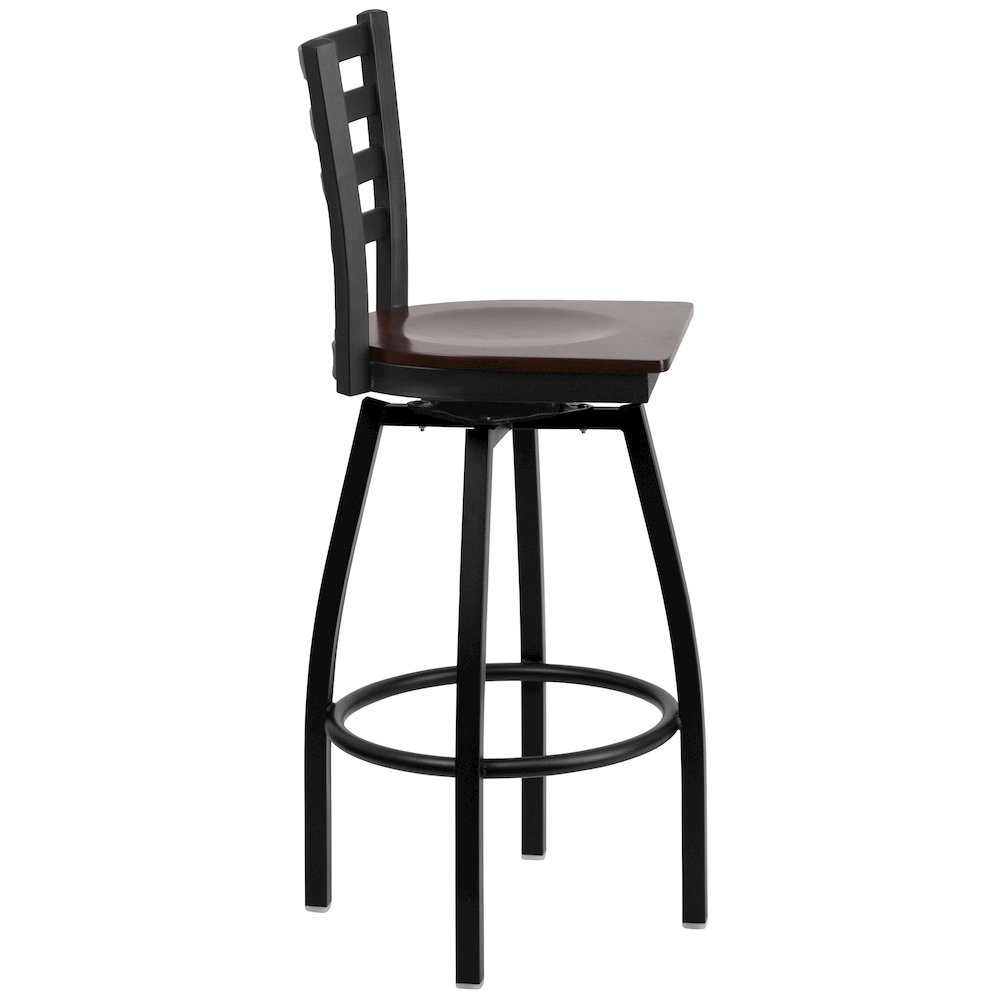 Black Ladder Back Swivel Metal Barstool - Walnut Wood Seat. Picture 9