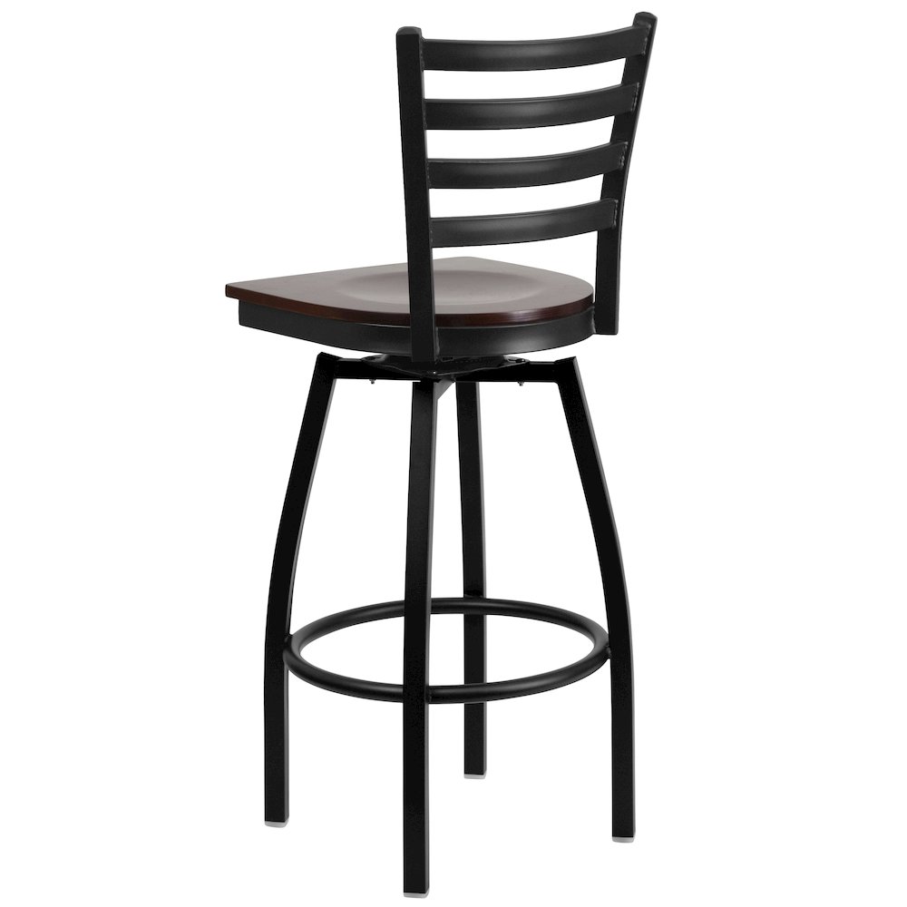 Black Ladder Back Swivel Metal Barstool - Walnut Wood Seat. Picture 7