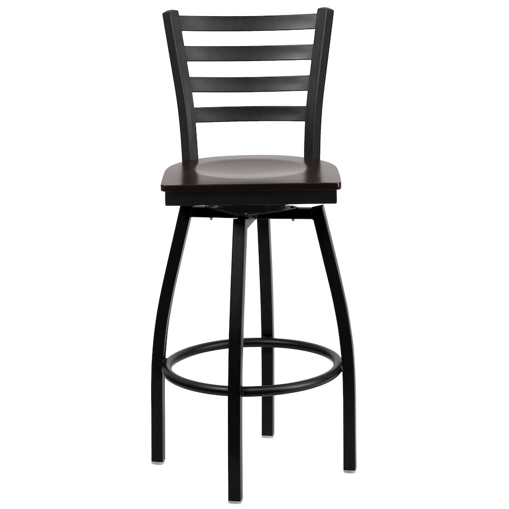 Black Ladder Back Swivel Metal Barstool - Walnut Wood Seat. Picture 10