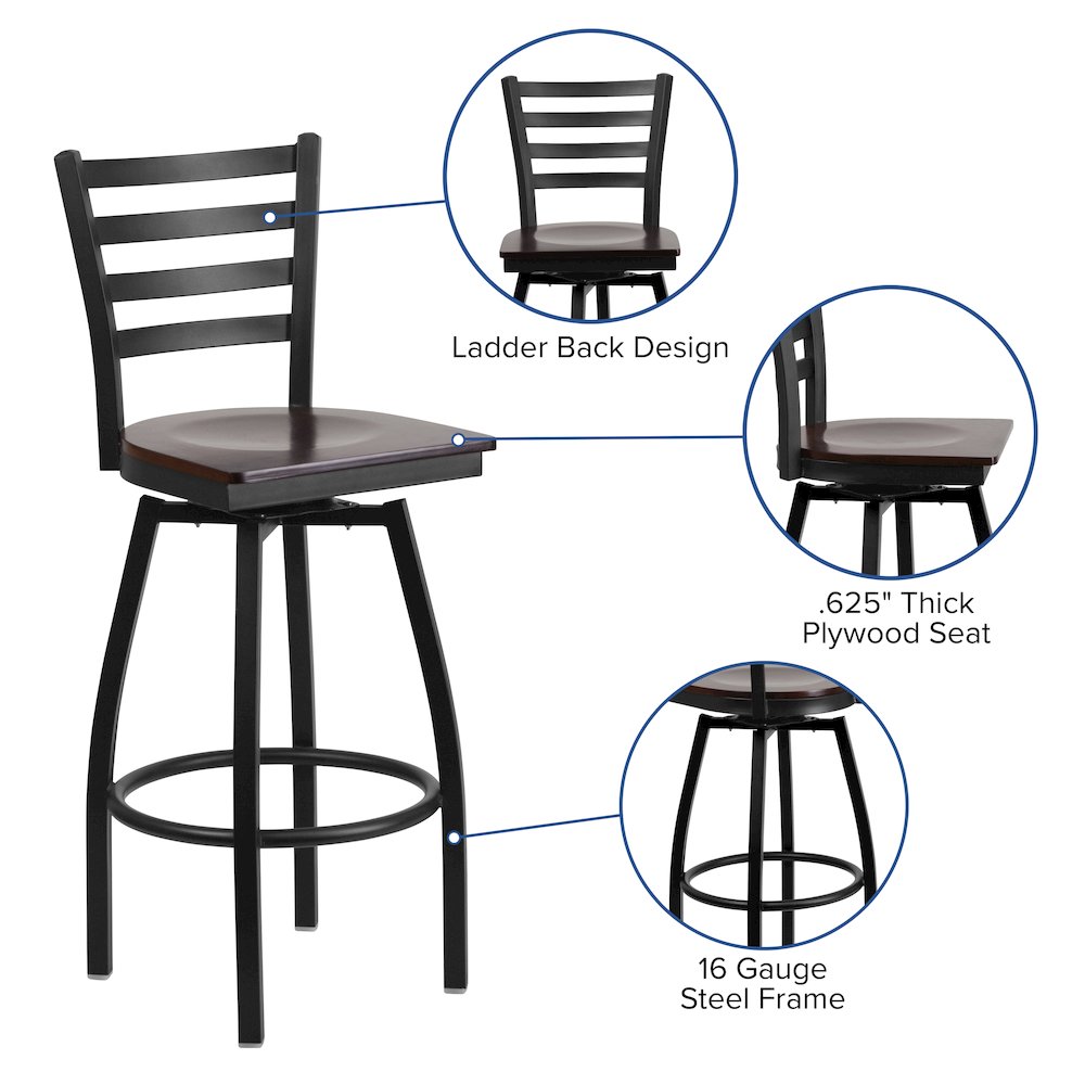 Black Ladder Back Swivel Metal Barstool - Walnut Wood Seat. Picture 5