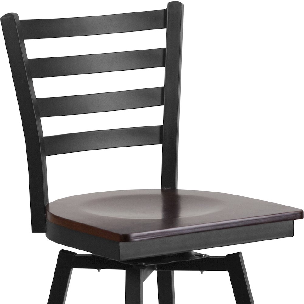 Black Ladder Back Swivel Metal Barstool - Walnut Wood Seat. Picture 11