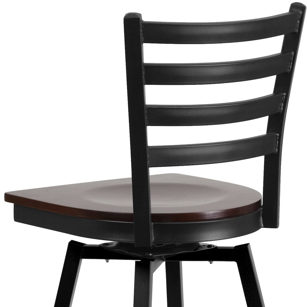 Black Ladder Back Swivel Metal Barstool - Walnut Wood Seat. Picture 8