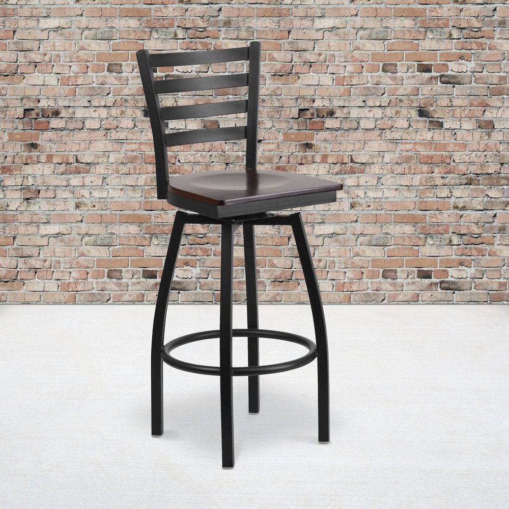 Black Ladder Back Swivel Metal Barstool - Walnut Wood Seat. Picture 2