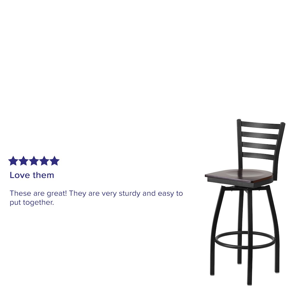 Black Ladder Back Swivel Metal Barstool - Walnut Wood Seat. Picture 4
