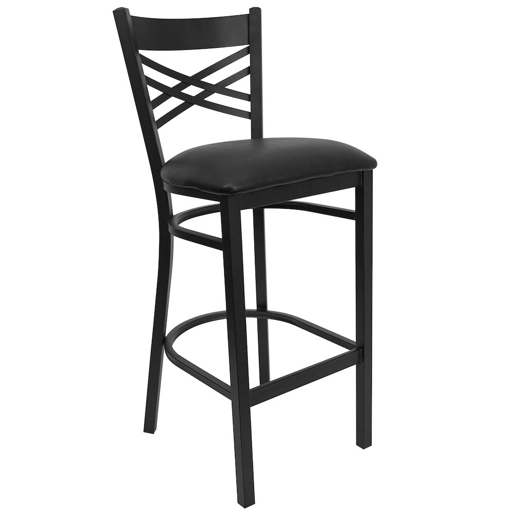 Black ''X'' Back Metal Restaurant Barstool - Black Vinyl Seat. Picture 1