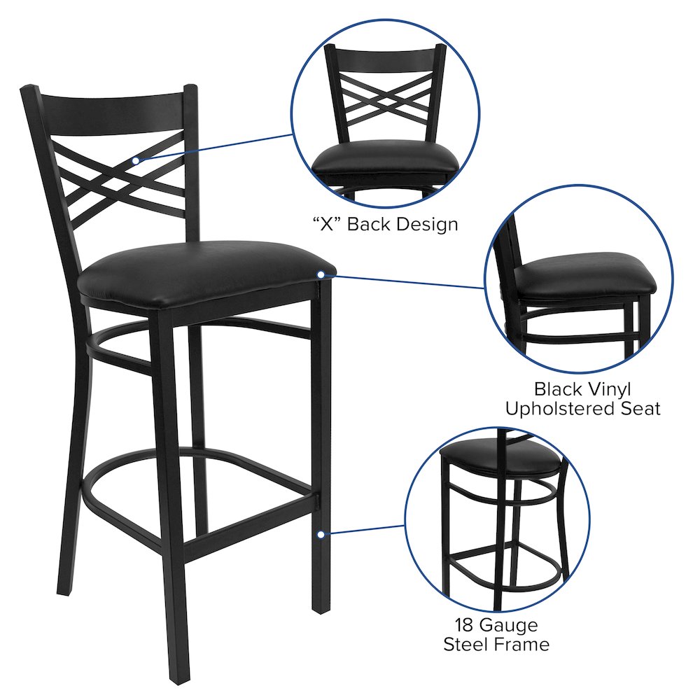 Black ''X'' Back Metal Restaurant Barstool - Black Vinyl Seat. Picture 5