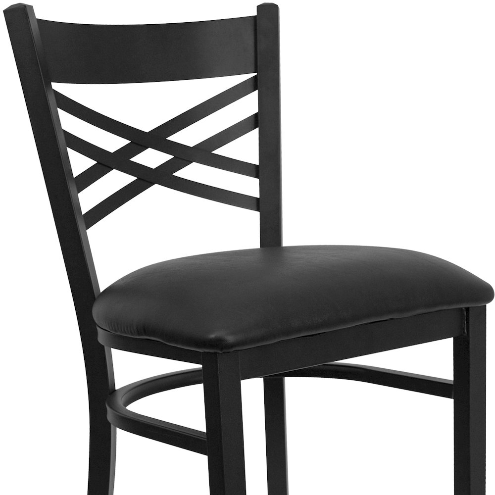 Black ''X'' Back Metal Restaurant Barstool - Black Vinyl Seat. Picture 5