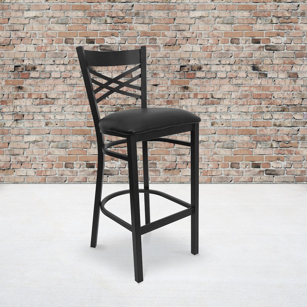 Black ''X'' Back Metal Restaurant Barstool - Black Vinyl Seat. Picture 7