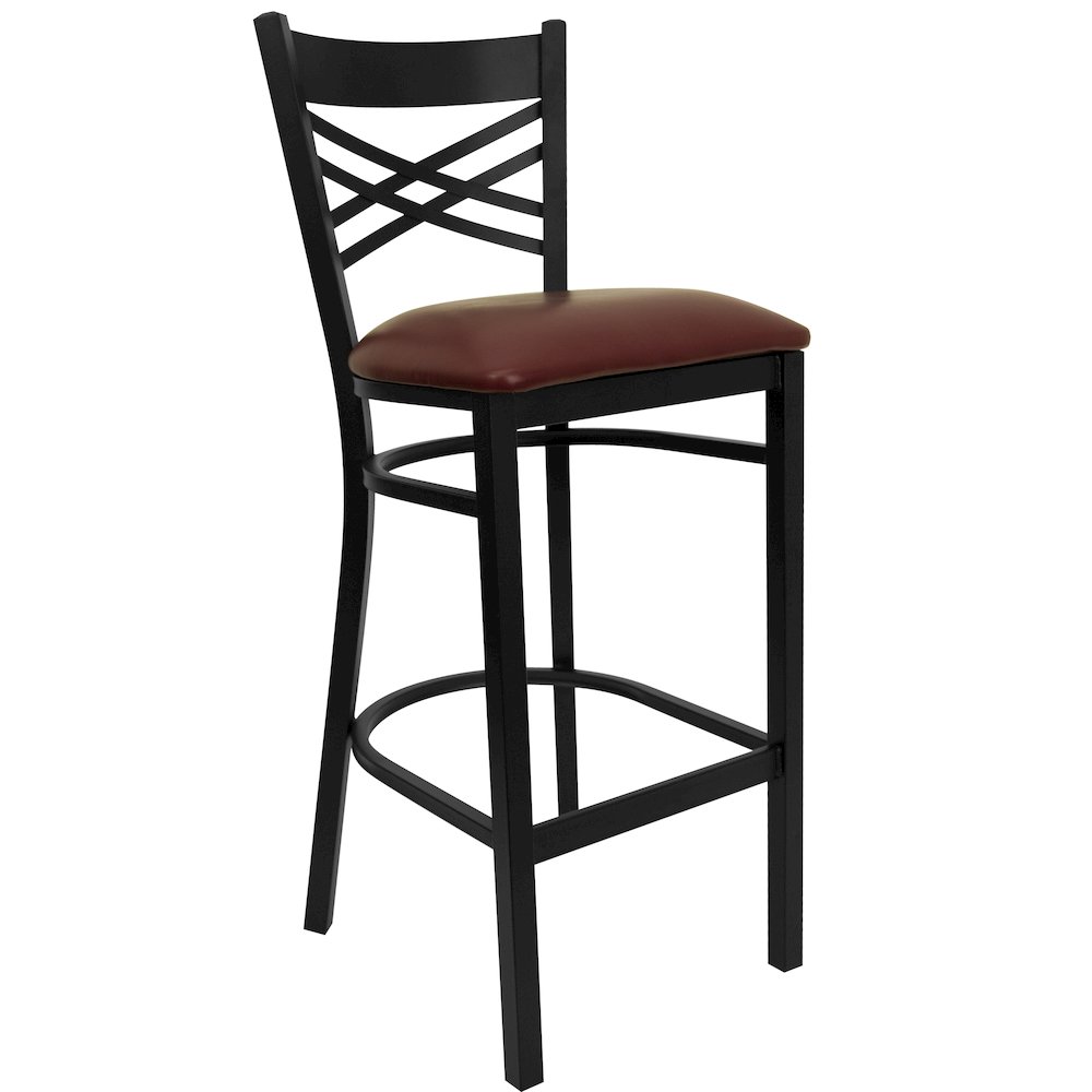 Black ''X'' Back Metal Restaurant Barstool - Burgundy Vinyl Seat. Picture 1