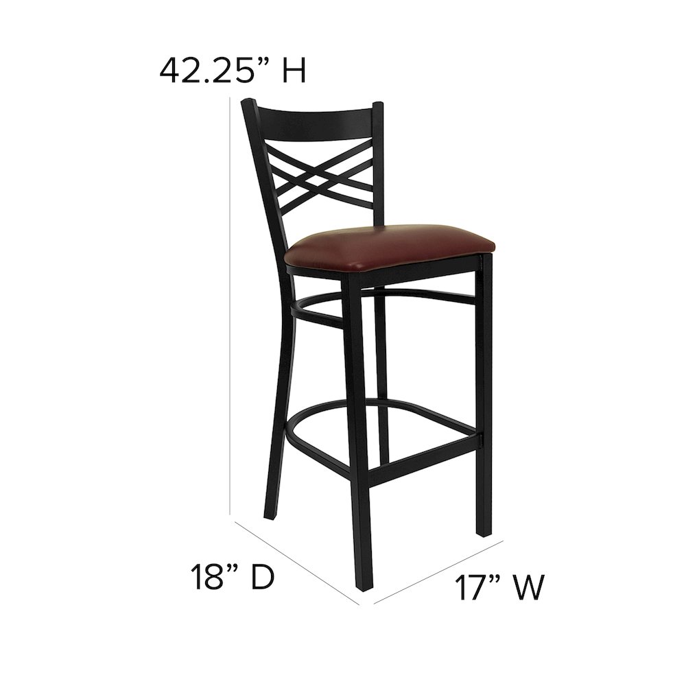 Black ''X'' Back Metal Restaurant Barstool - Burgundy Vinyl Seat. Picture 5