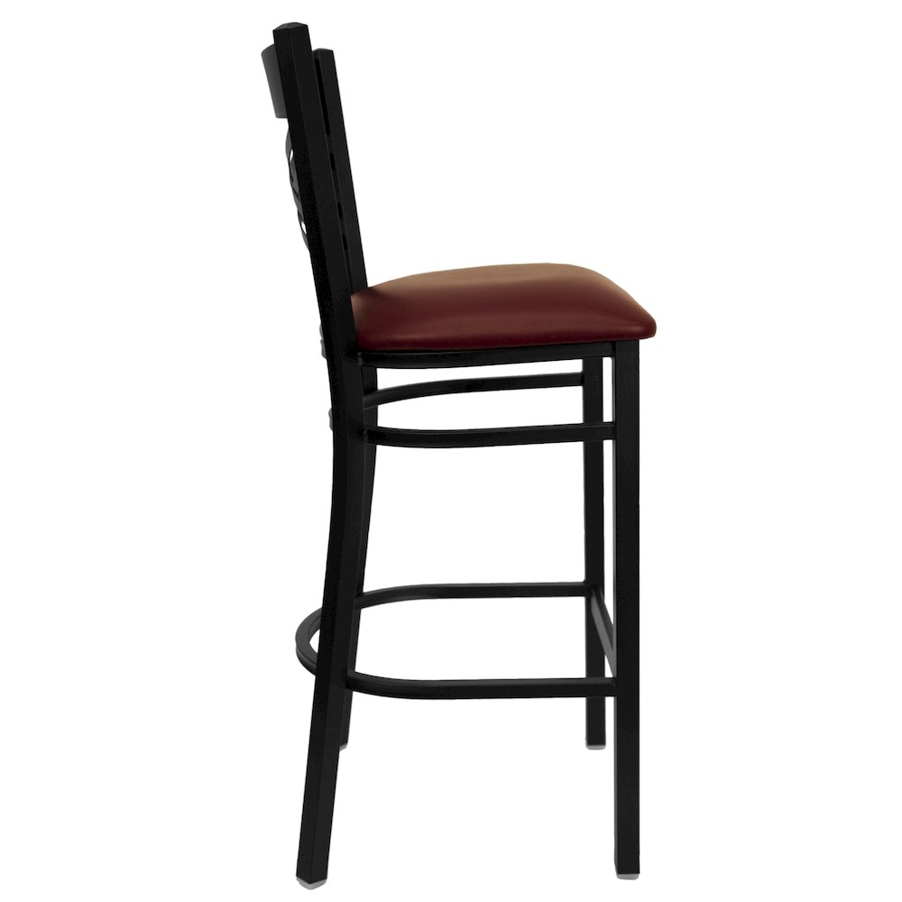 Black ''X'' Back Metal Restaurant Barstool - Burgundy Vinyl Seat. Picture 2