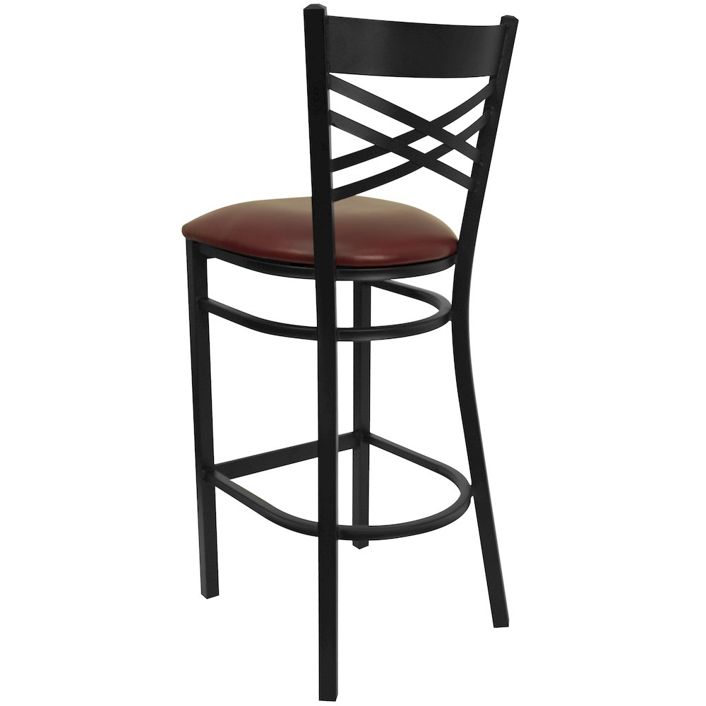 Black ''X'' Back Metal Restaurant Barstool - Burgundy Vinyl Seat. Picture 3