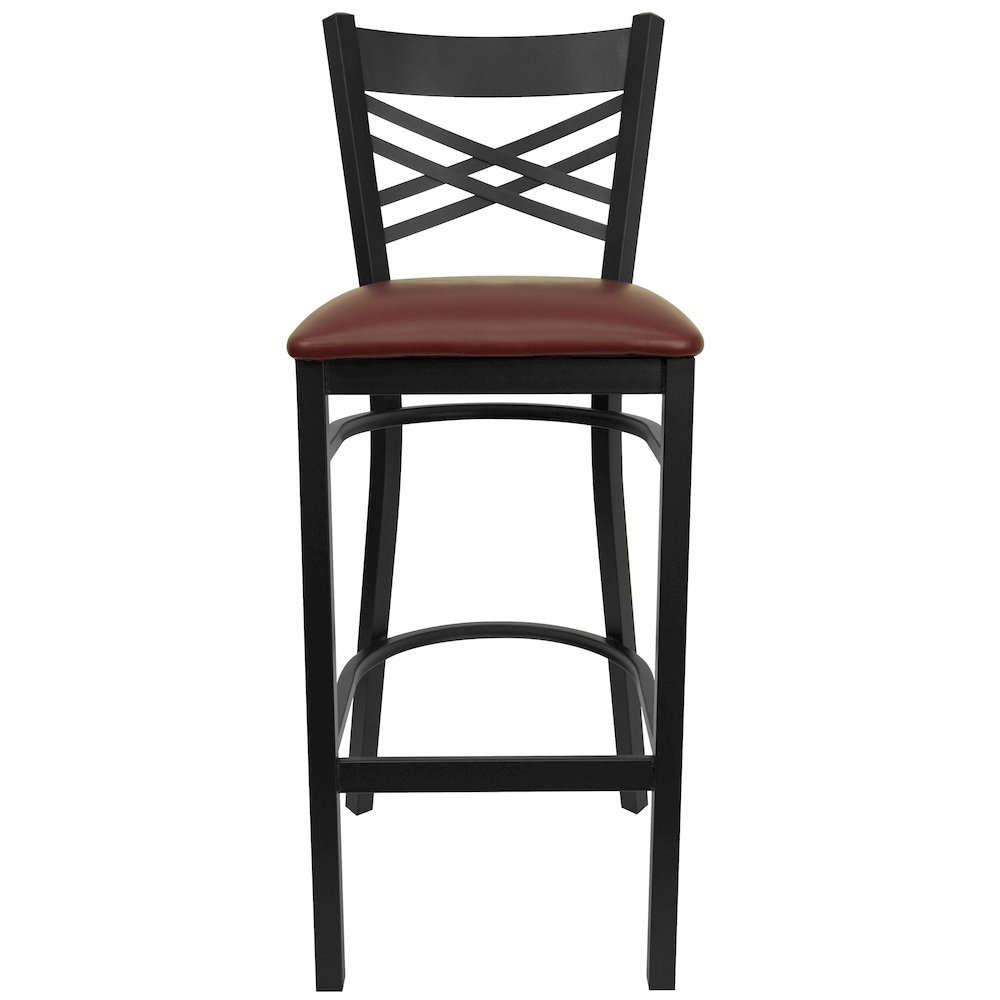 Black ''X'' Back Metal Restaurant Barstool - Burgundy Vinyl Seat. Picture 4