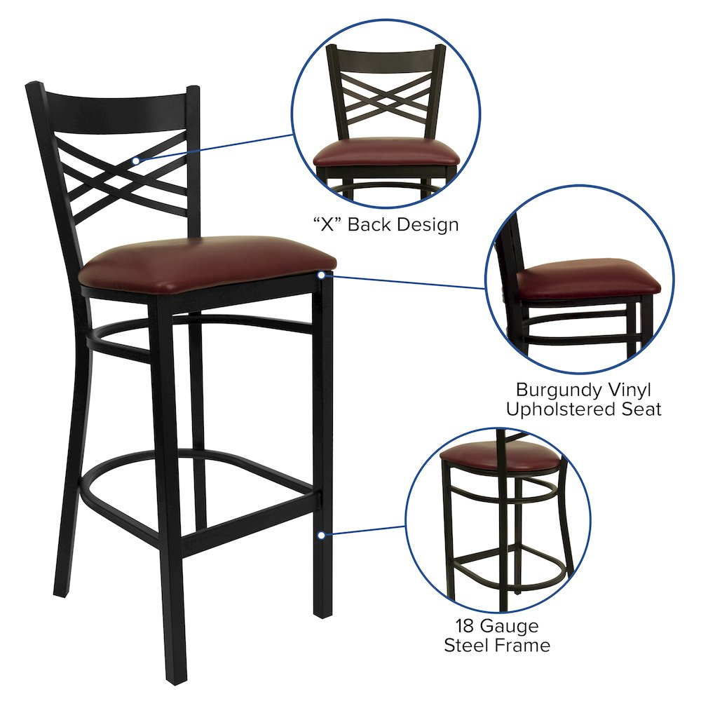 Black ''X'' Back Metal Restaurant Barstool - Burgundy Vinyl Seat. Picture 4