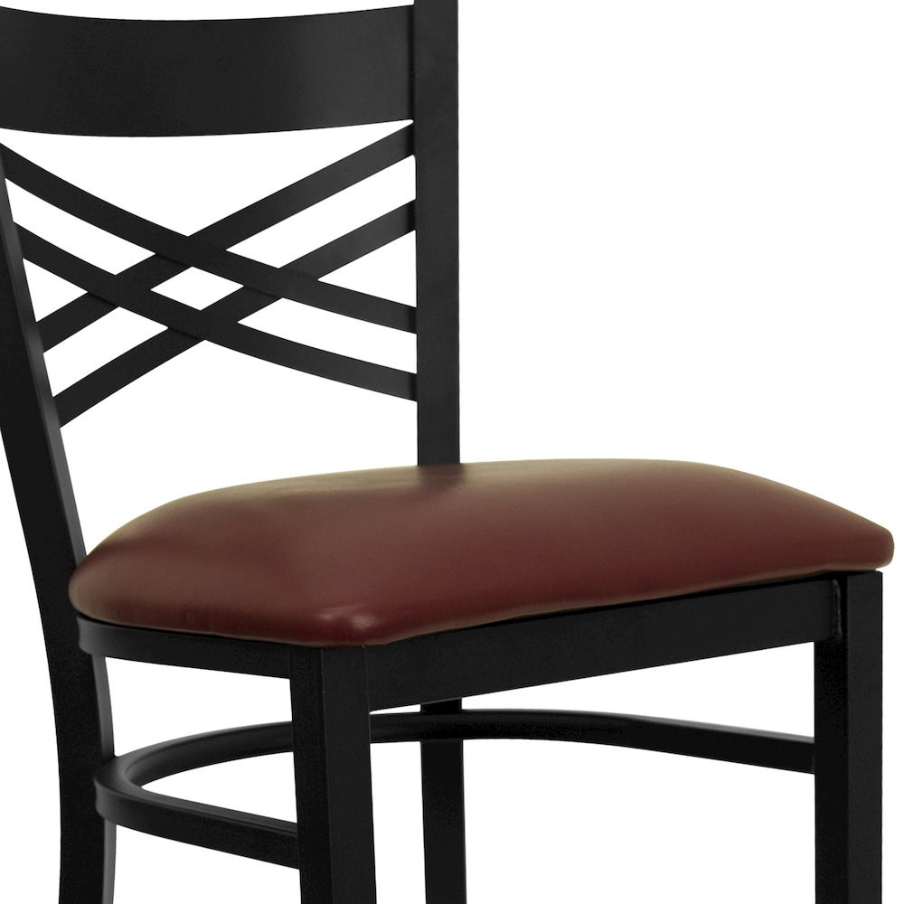 Black ''X'' Back Metal Restaurant Barstool - Burgundy Vinyl Seat. Picture 7