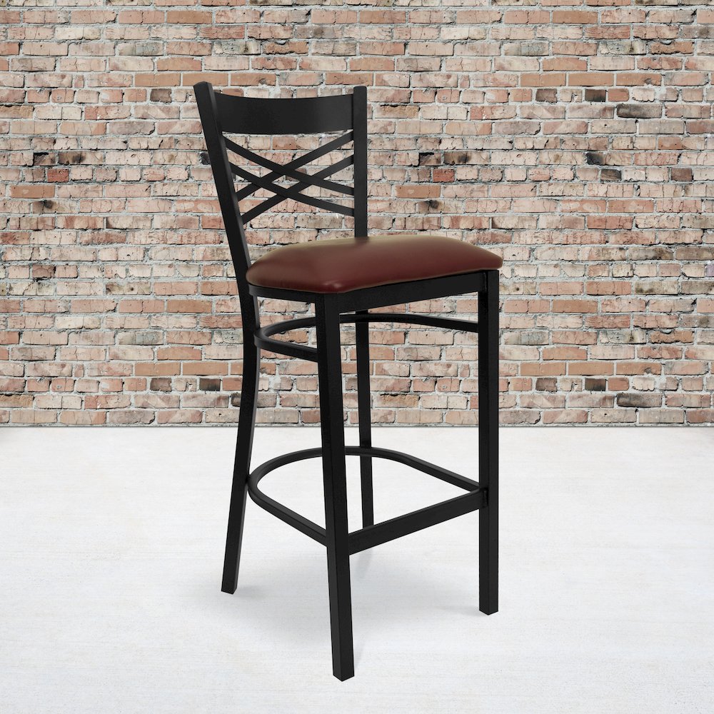 Black ''X'' Back Metal Restaurant Barstool - Burgundy Vinyl Seat. Picture 2
