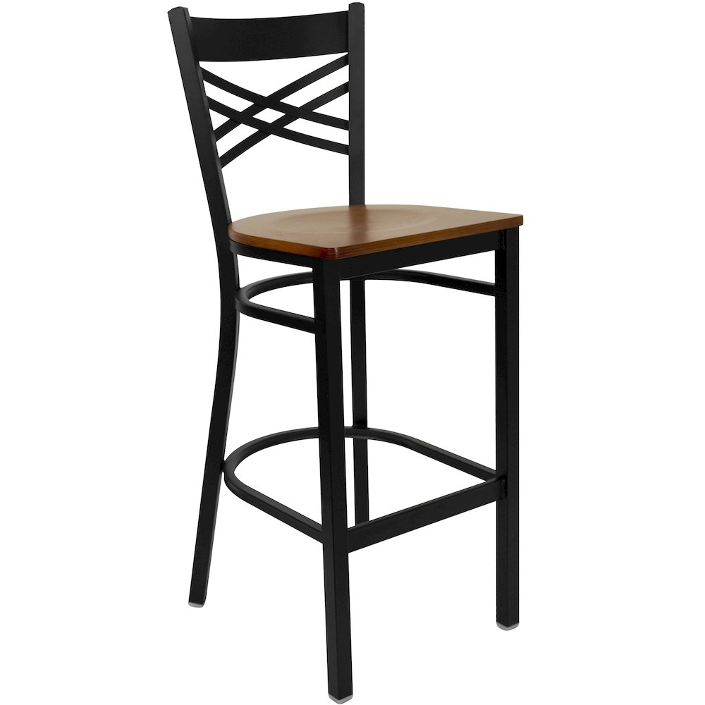 Black ''X'' Back Metal Restaurant Barstool - Cherry Wood Seat. Picture 1
