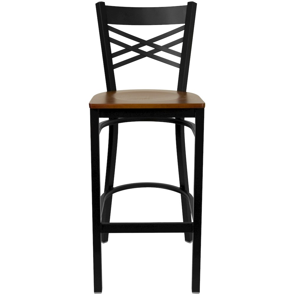 Black ''X'' Back Metal Restaurant Barstool - Cherry Wood Seat. Picture 4