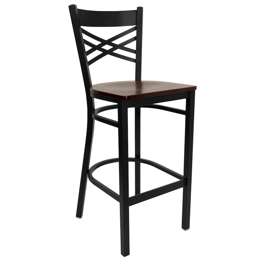 Black ''X'' Back Metal Restaurant Barstool - Mahogany Wood Seat. Picture 1