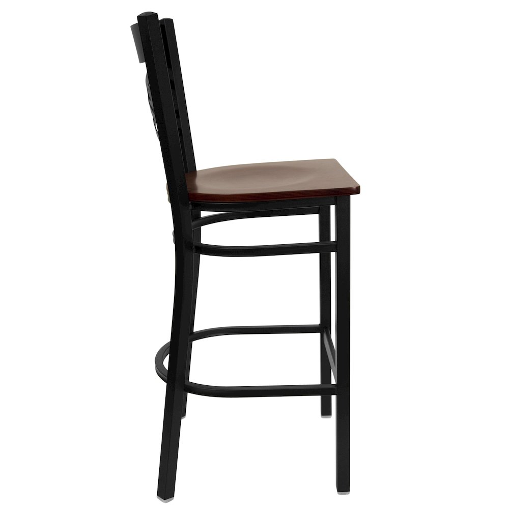 Black ''X'' Back Metal Restaurant Barstool - Mahogany Wood Seat. Picture 5