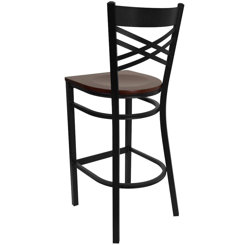 Black ''X'' Back Metal Restaurant Barstool - Mahogany Wood Seat. Picture 4