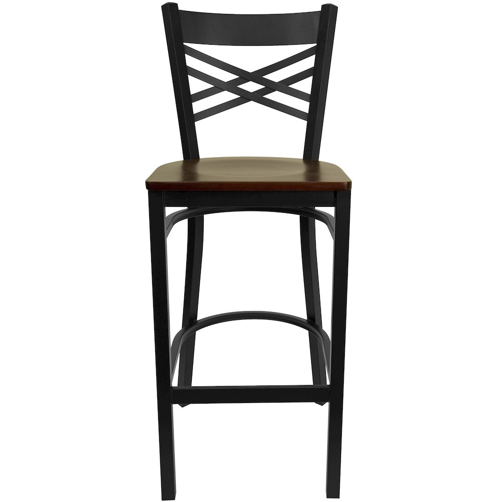 Black ''X'' Back Metal Restaurant Barstool - Mahogany Wood Seat. Picture 6