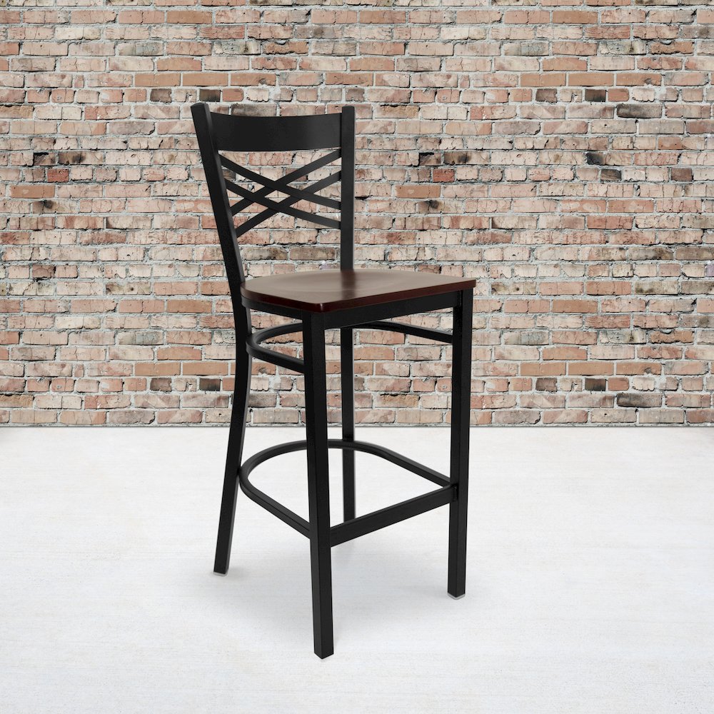 Black ''X'' Back Metal Restaurant Barstool - Mahogany Wood Seat. Picture 2