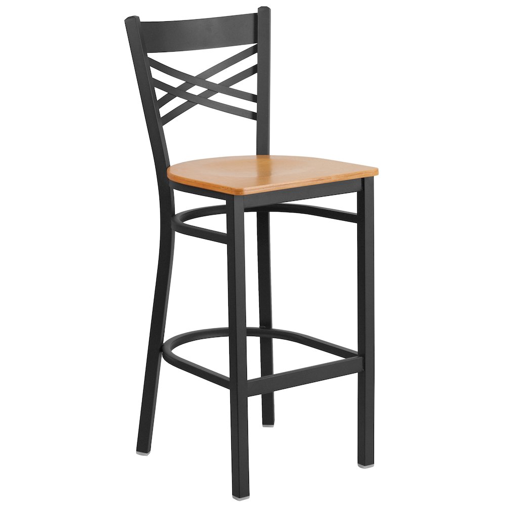 Black ''X'' Back Metal Restaurant Barstool - Natural Wood Seat. Picture 1