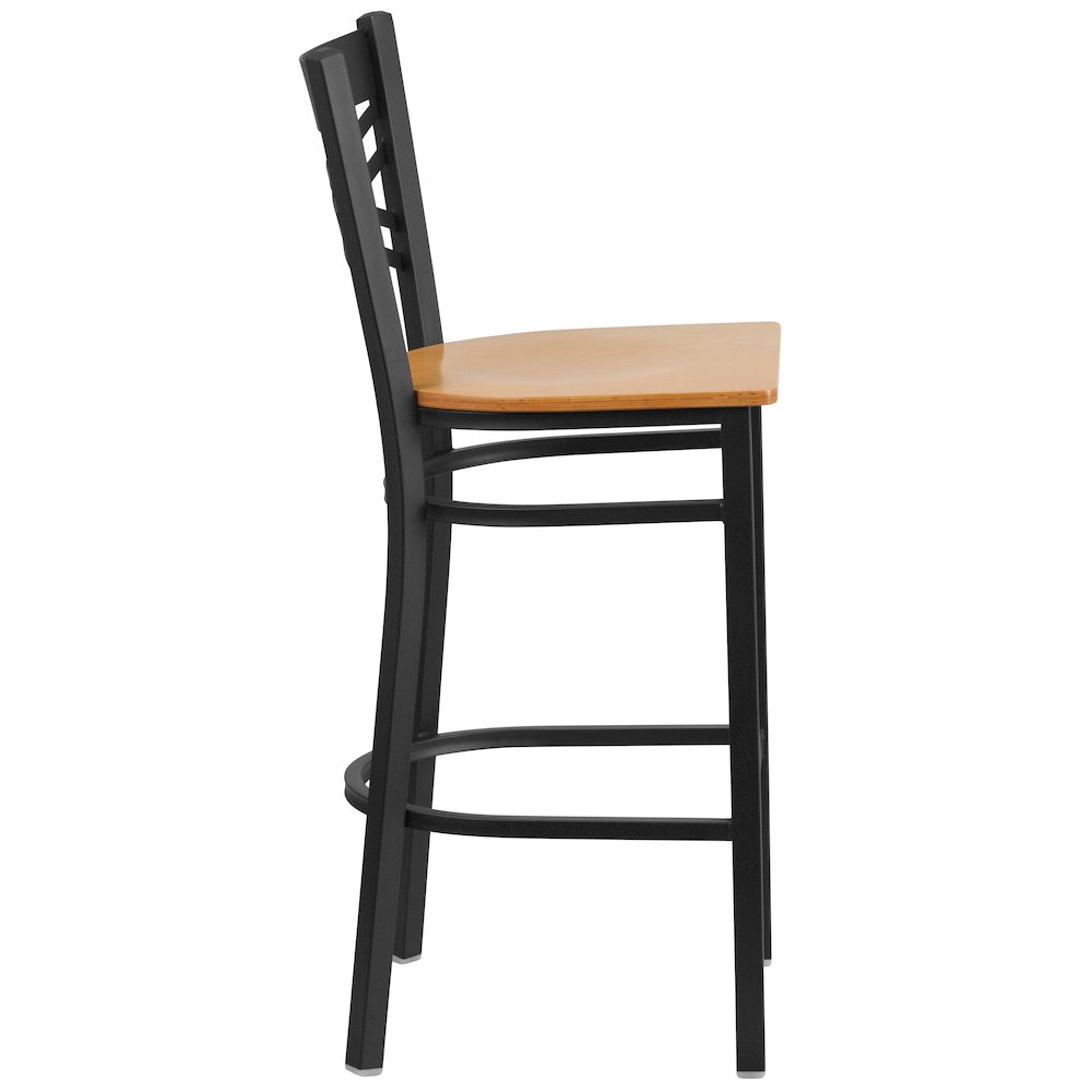 Black ''X'' Back Metal Restaurant Barstool - Natural Wood Seat. Picture 2