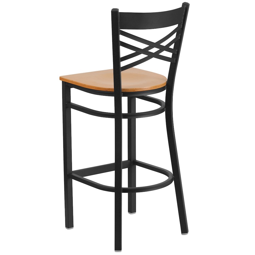 Black ''X'' Back Metal Restaurant Barstool - Natural Wood Seat. Picture 3