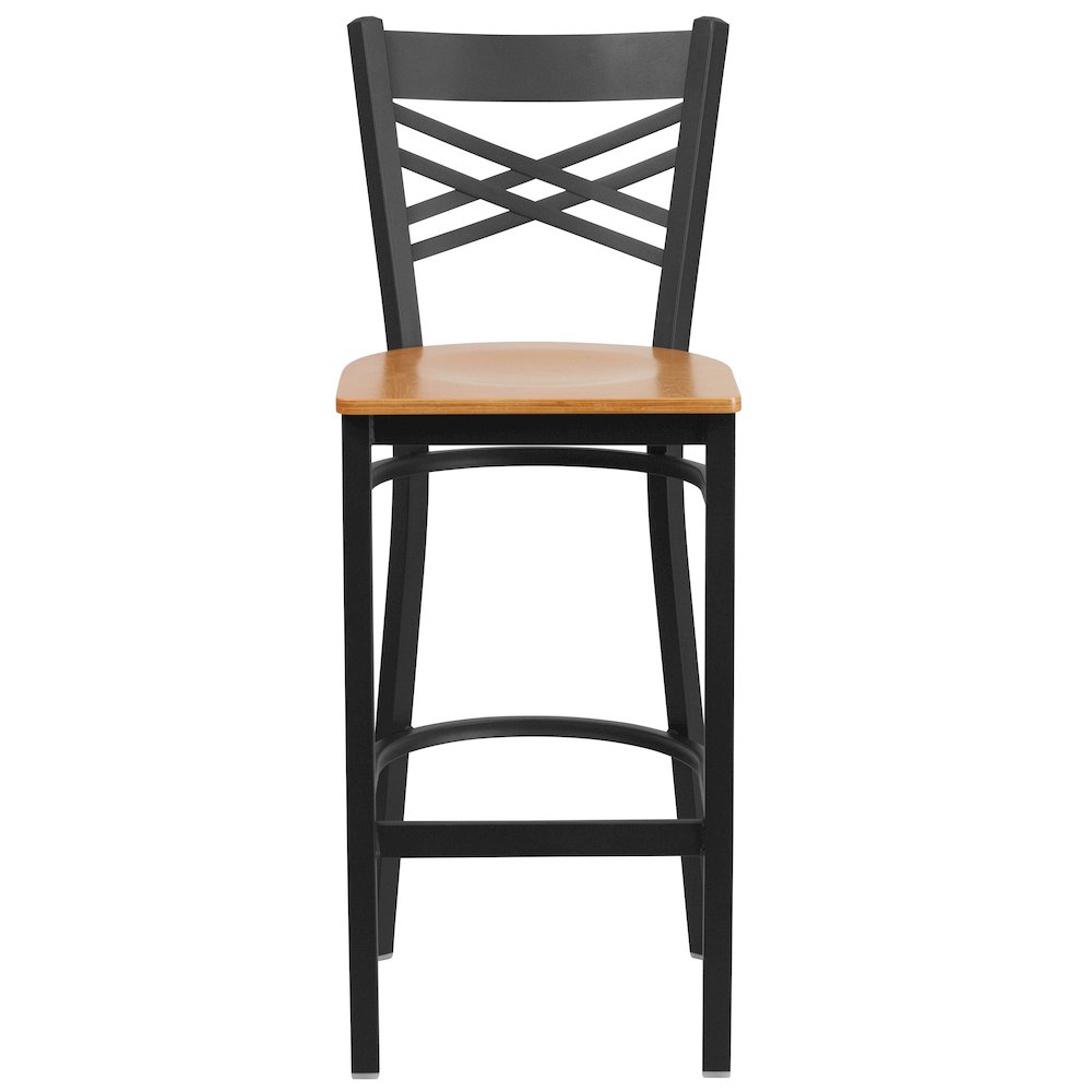 Black ''X'' Back Metal Restaurant Barstool - Natural Wood Seat. Picture 4