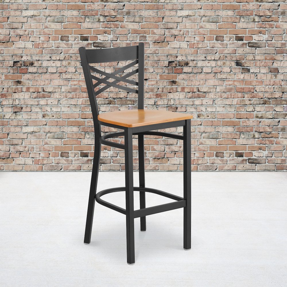 Black ''X'' Back Metal Restaurant Barstool - Natural Wood Seat. Picture 5