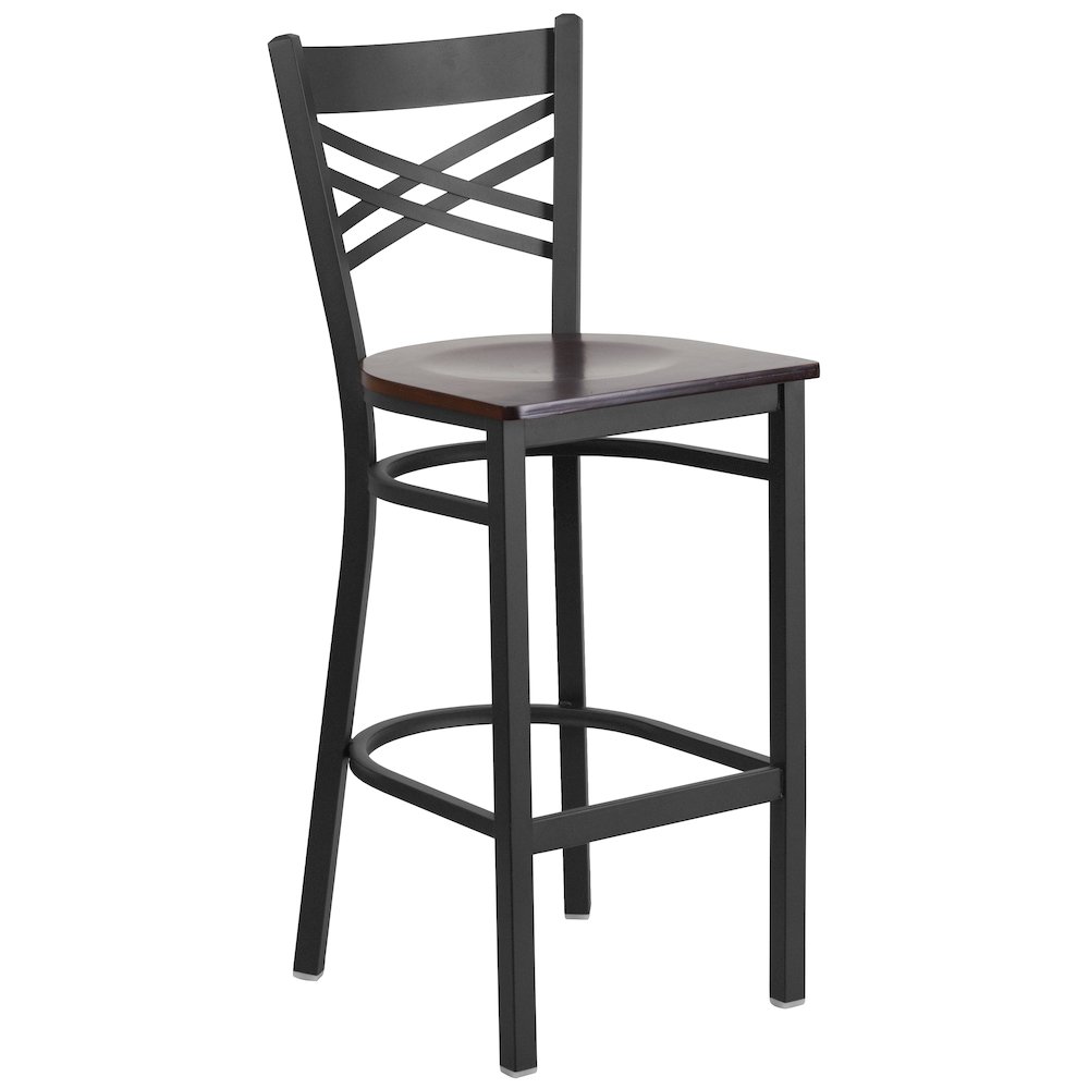Black ''X'' Back Metal Restaurant Barstool - Walnut Wood Seat. Picture 1
