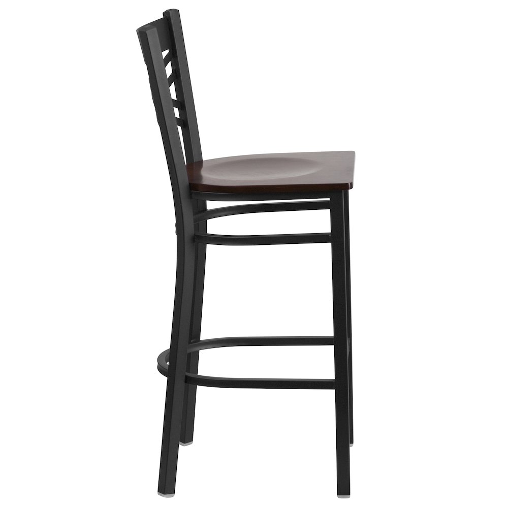 Black ''X'' Back Metal Restaurant Barstool - Walnut Wood Seat. Picture 5