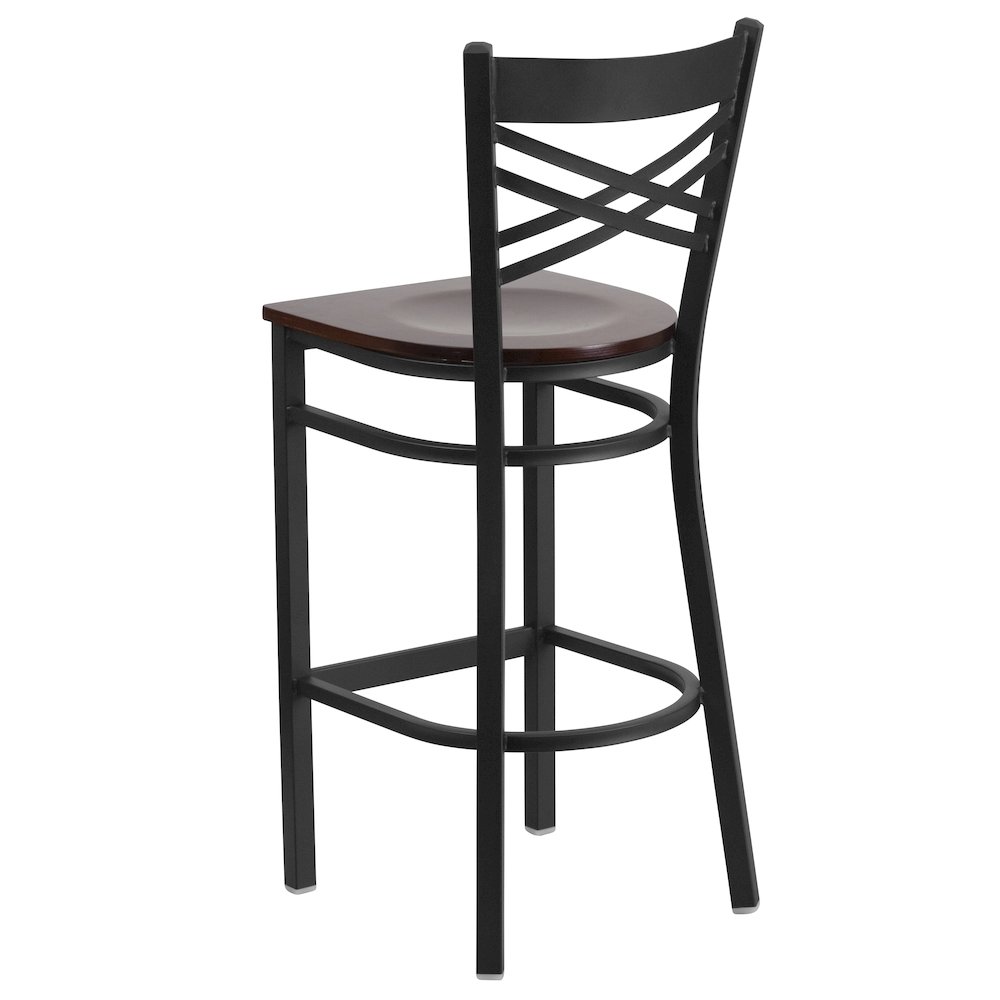 Black ''X'' Back Metal Restaurant Barstool - Walnut Wood Seat. Picture 4