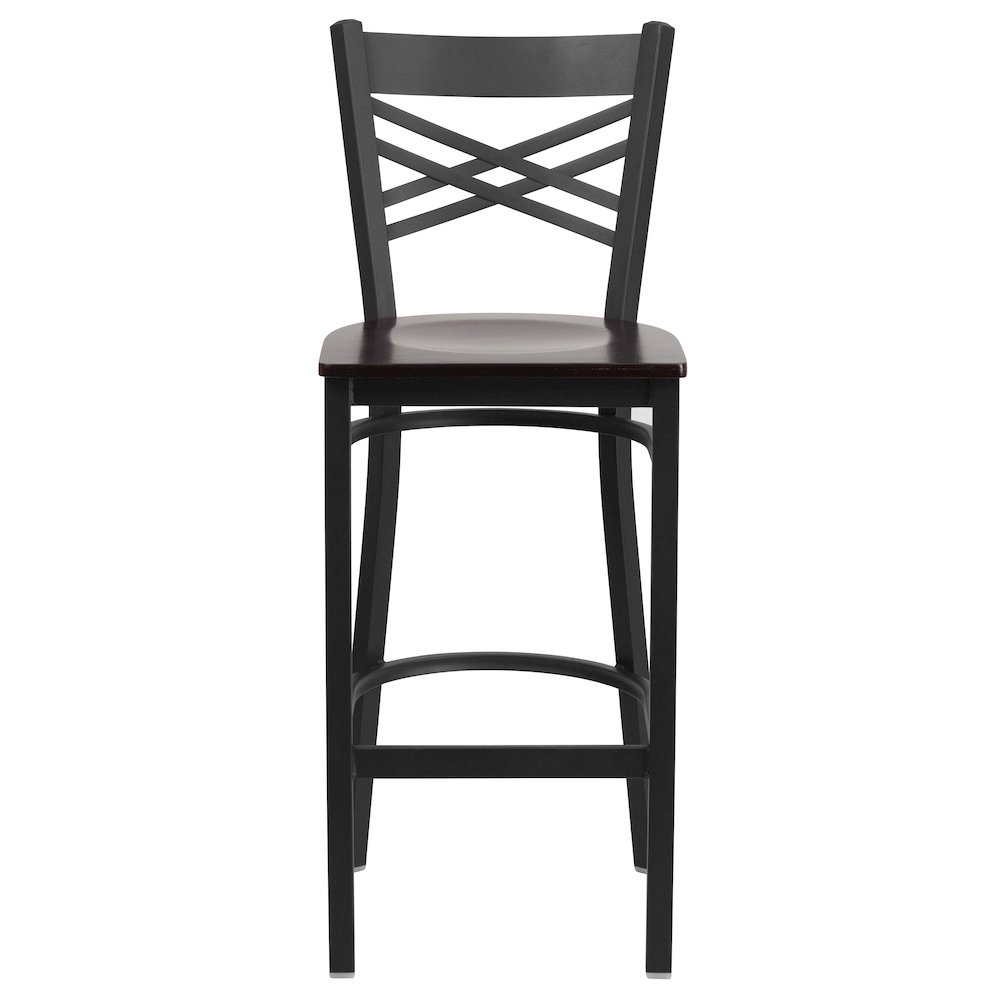 Black ''X'' Back Metal Restaurant Barstool - Walnut Wood Seat. Picture 6