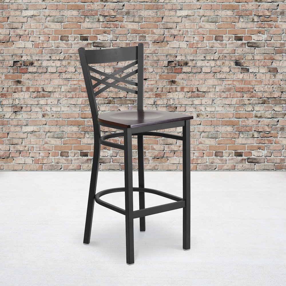 Black ''X'' Back Metal Restaurant Barstool - Walnut Wood Seat. Picture 2