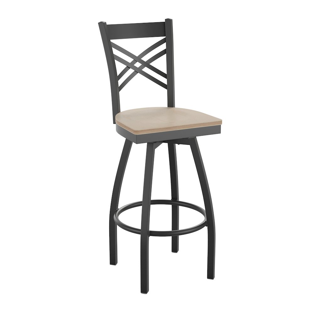 HERCULES Series Black ''X'' Back Swivel Metal Barstool - Antique White Wood Seat. Picture 1