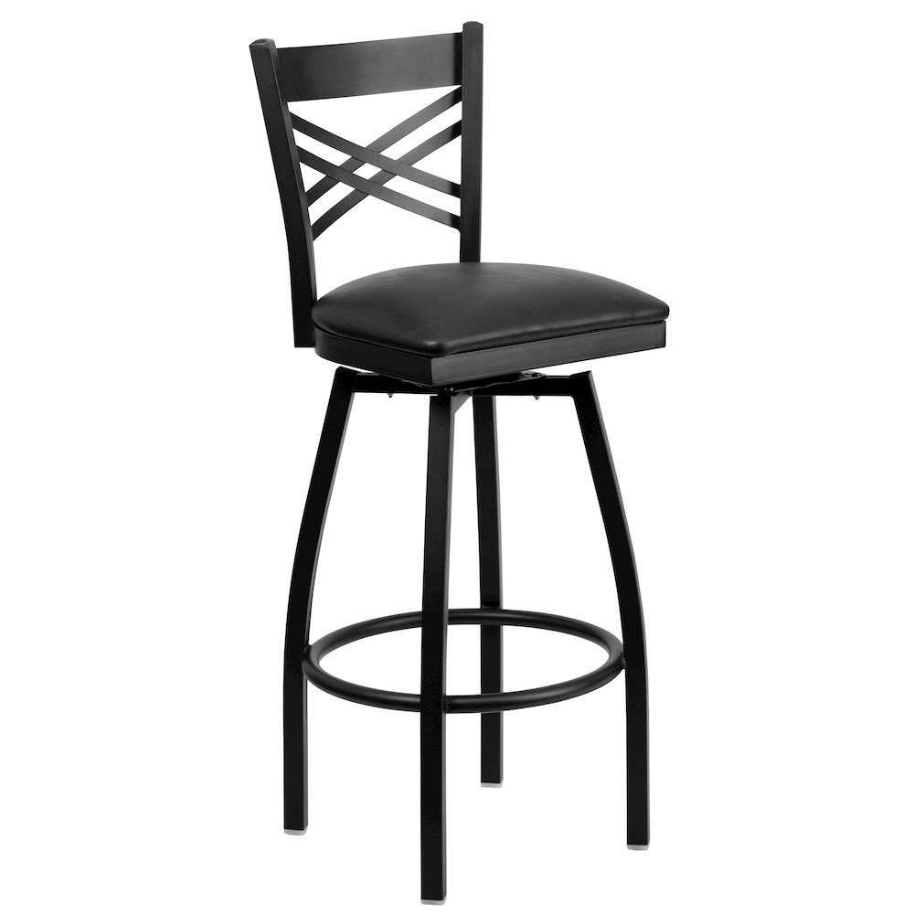 Black ''X'' Back Swivel Metal Barstool - Black Vinyl Seat. Picture 1