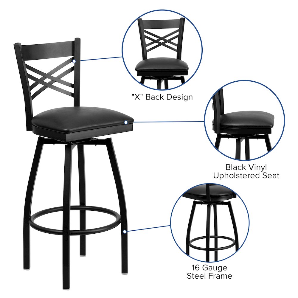 Black ''X'' Back Swivel Metal Barstool - Black Vinyl Seat. Picture 5
