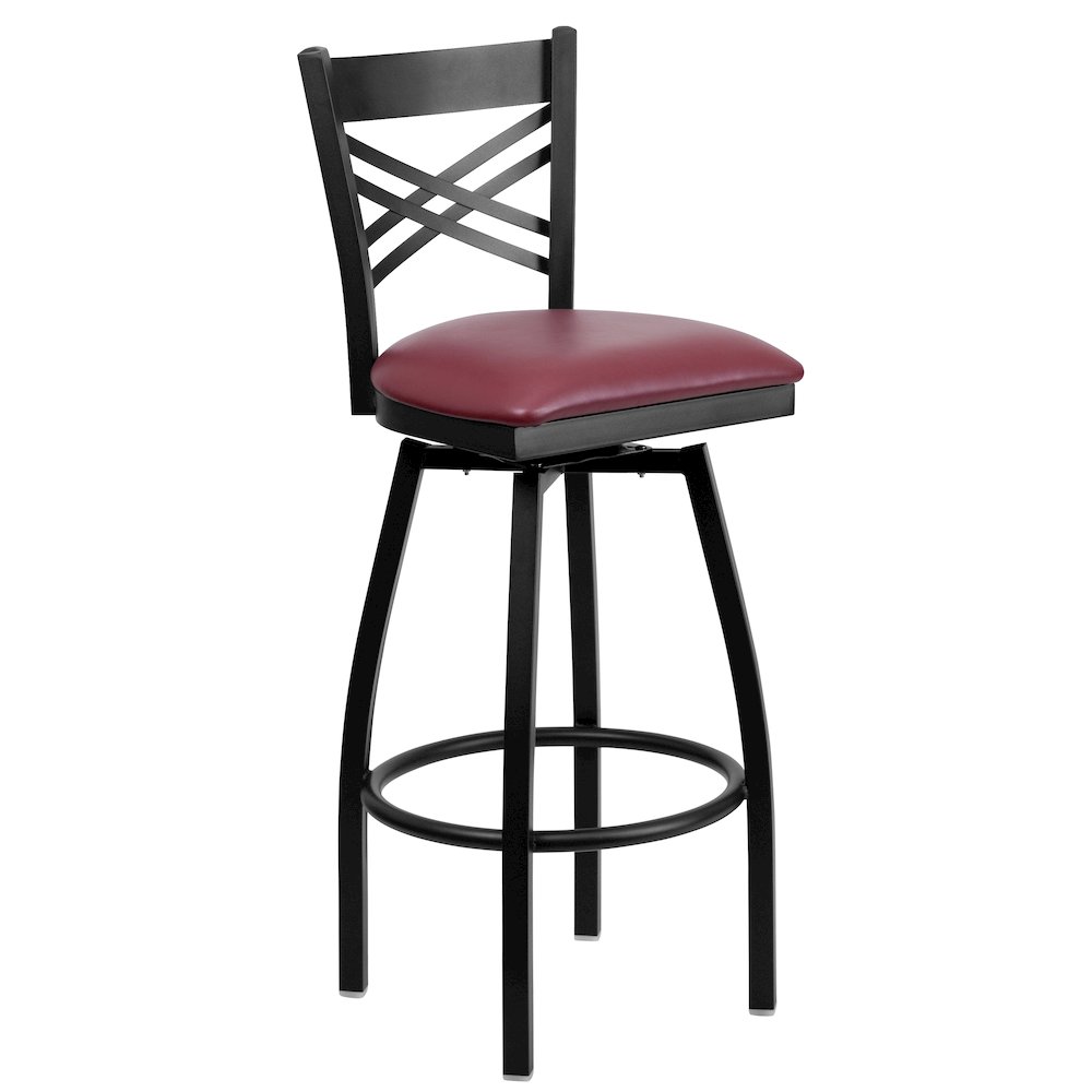 Black ''X'' Back Swivel Metal Barstool - Burgundy Vinyl Seat. Picture 1